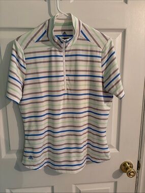 adidas Women’s Golf White Stripe Polo with Blue and Mint Accents